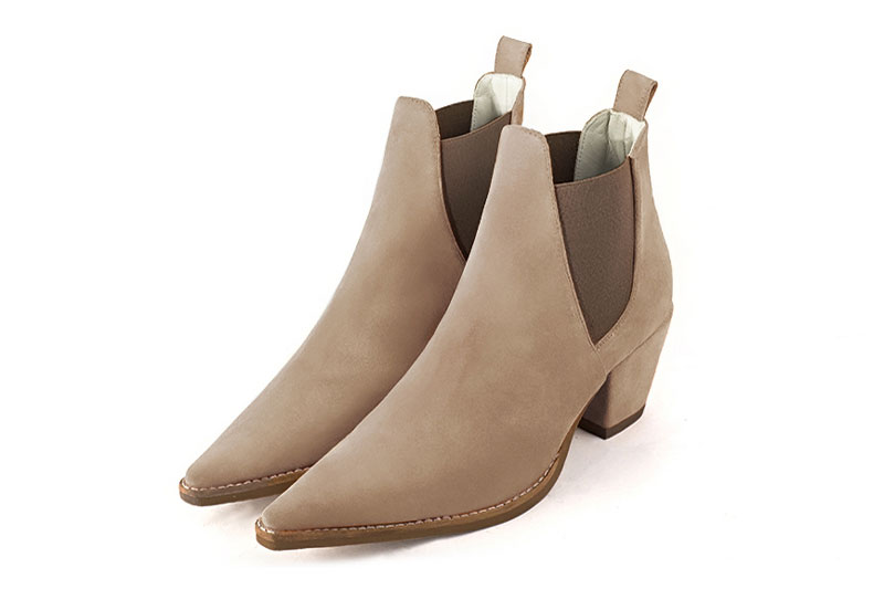 Tan beige and taupe brown women's ankle boots, with elastics. Pointed toe. Medium cone heels. Front view - Florence KOOIJMAN
